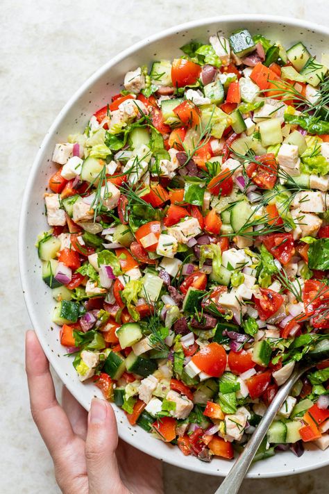 Finely Chopped Greek-Inspired Chicken Salad Chic Salad Recipes, Greek Salad Chopped, Meal Plan Salads, Simple Chopped Salad Recipes, Greek Gyro Bowl, Mediterranean Chopped Salad Recipes, Greek Chopped Salad Recipes, Medatrainian Salad, Chopped Mediterranean Salad