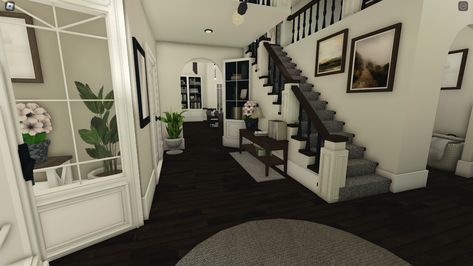 Bloxburg Inside Ideas, Suburban Bloxburg Bedroom, Detailed Bloxburg House Interior, Entrance Bloxburg Ideas, Bloxburg Front Door Ideas Inside, Bloxburg Stairway, Bloxburg Townhouse Interior, Roblox Interior Design, Minimalist House Bloxburg