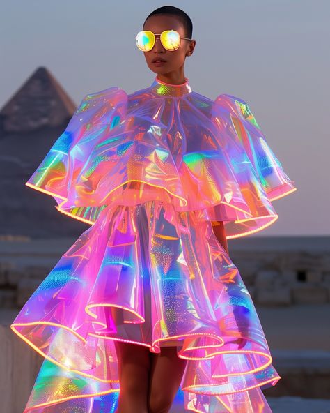 Looking like a million dollars 💸 Crazy Outfits Women, Futuristic Look Fashion, Cosmic Outfit, Shibuya Night, Holographic Outfit, Neon Streetwear, Futuristic Costume, Unconventional Beauty, Sparkle Pony