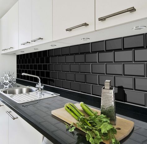 Black Tiles Kitchen, Bevelled Tiles, Black Subway Tiles, Brick Wall Tiles, Popular Kitchen Designs, Classical Interior, Metro Tiles, Minimalist Kitchen Design, Popular Kitchens