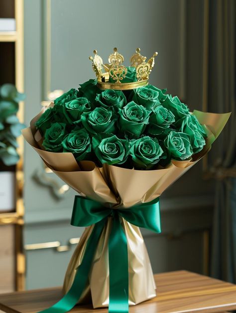 Immerse yourself in the unrivaled elegance of this unique bouquet. Dark green roses crowned with a touch of gold, exuding luxury. Save & follow for more inspirations. Wrapped in golden paper, the bouquet reflects sophistication. A perfect blend of nature and opulence awaits. 🌹✨ #LuxuryBouquet #GreenRoses #GoldenCrown #FloralArt #DecorInspiration #SaveAndFollow #AIimage Golden Paper, Luxury Bouquet, Green Roses, Couple Quotes Funny, Rose Crown, Unique Bouquet, Money Motivation, Golden Crown, Glitter Roses