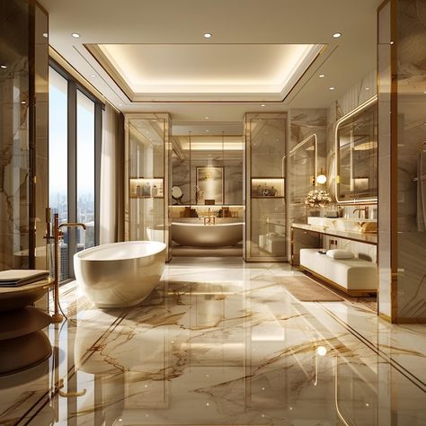 Dream Bathroom Luxury, Bathroom With A Tub, Rich Room, Mansion Bathroom, Huge Bathroom, Rich Bathroom, Luxury Bathroom Inspiration, Bathroom Ideas With Tub, Luxury Spa Bathroom