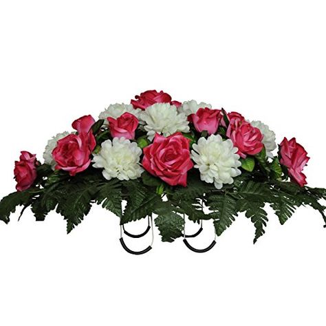 Diy Headstone, Fake Flower Arrangements Diy, Saddle Arrangements, Grave Saddles, Headstone Flowers, Cemetery Saddles, Headstones Decorations, Cemetery Arrangements, White Mums