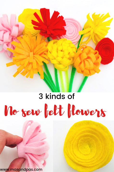 How to make DIY easy no sew felt flowers. We just love this tutorial to make delightful and simple felt flowers. There are 3 different designs and each one is so easy that kids can easily make them. With a quick snip, roll and a twist you can make a stunning bunch of felt flowers in minutes. #nosewfeltflowers #diynosewfeltflowers #howtomakefeltflowers #easynosewfeltflowers #howtomakeeasyfeltflowers Simple Felt Flowers, Felt Crafts Kids, Easy Felt Crafts, Sew Felt, Felt Kids, Felt Flowers Diy, Felt Crafts Diy, Fun Crafts For Kids, How To Make Diy