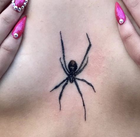 Collar Bone Tattoo Edgy, Chest Tattoo Female Small Upper, Spider On Chest Tattoo, Spider Tattoo Sternum, Spider Tattoo For Women Chest, Small Chest Tattoo Female Middle, Spider Chest Tattoo Female, Spider Stick And Poke, Spider Sternum Tattoo