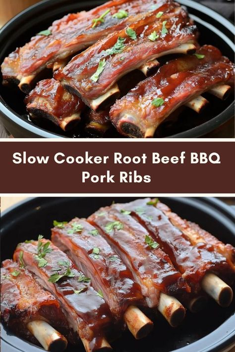 Slow Cooker Root Beef BBQ Pork Ribs Slow Cooker Root Beer Bbq Pork Ribs, Pork Riblets Crockpot, Pork Receipts, Corned Beef Recipes Slow Cooker, Football Recipes, Slow Cooker Pork Tenderloin, Crockpot Ribs, Pork Entrees, How To Cook Ribs