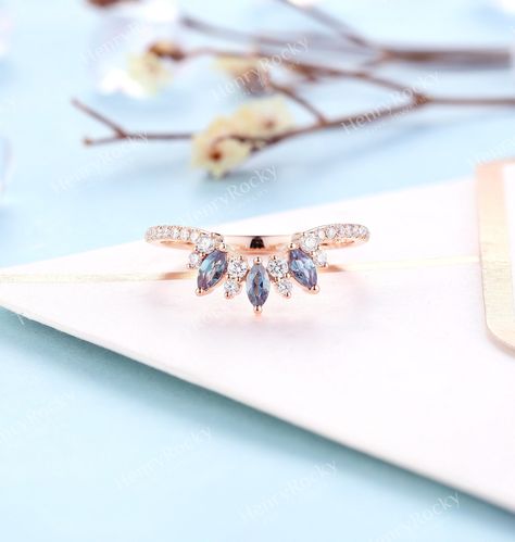 Marquise Wedding Set, Alexandrite Wedding Band, Rose Gold Diamond Band, Promise Band, Gold Diamond Band, Band Art, Purple Diamond, Moonstone Engagement Ring, Rose Gold Wedding Bands