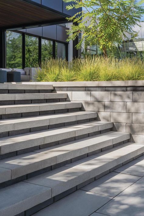 If you’re looking to freshen up the look of your patio, garden, or front entrance, stone steps could be an easy way to update your space. Check out these 7 ways to incorporate stone steps in your next landscaping project! Grand Front Porch Steps, Front Steps Ideas Stone, Exterior Steps Design, Concrete Steps Front Yard, Natural Stone Steps Front Door, Entry Steps Outdoor, Stairs Outside Outdoor Steps, Steps Design Outdoor, Outside Steps Ideas