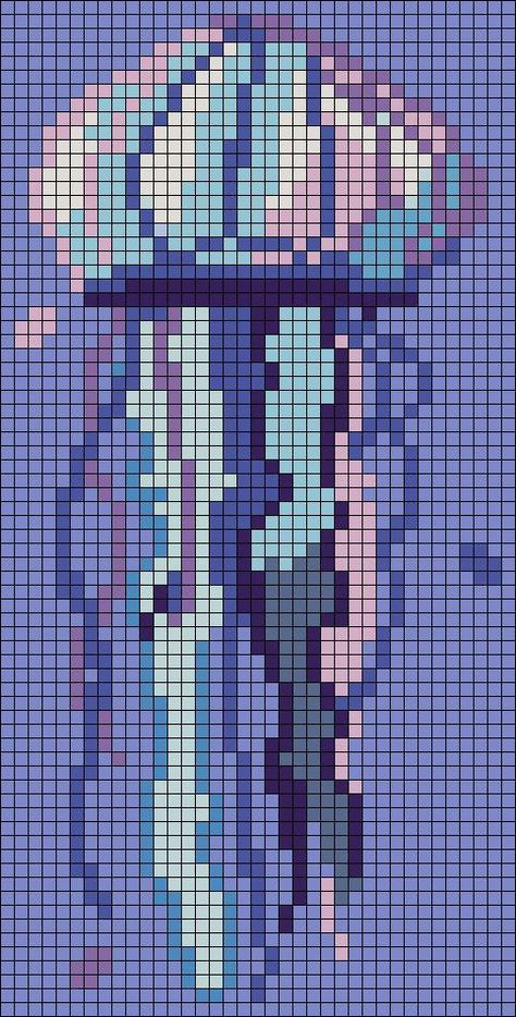 Pixel Art Pattern Jellyfish, Northern Lights Pixel Art, Jellyfish Grid Pattern, Tapestry Crochet Pixel Art, Sea Perler Beads, Ocean Cross Stitch Patterns, Jellyfish Pixel Art Grid, Alpha Pattern Knitting, Jellyfish Alpha Pattern