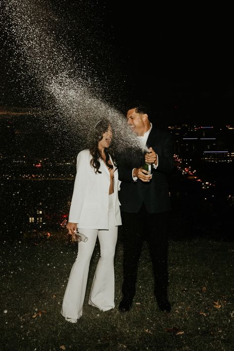 White blazer, pant suit, engagement outfit, power couple, chic bride Fun Engagement Shoot Ideas, Fun Engagement Party, Retro Engagement Photos, Engagement Photo Dress, Old Hollywood Wedding, Couple Engagement Pictures, Love Birds Wedding, City Engagement Photos, Engagement Shots