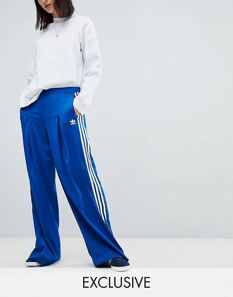 adidas Originals Fashion League Wide Leg Track Pants In Bright Blue Adidas Trousers Outfit, Blue Adidas Pants, Adidas Sweatpants Outfit, Blue Adidas Track Pants, Adidas Pants Outfit, Wide Leg Track Pants, Track Pants Outfit, Wide Leg Pants Outfit, Winter Pants Outfit