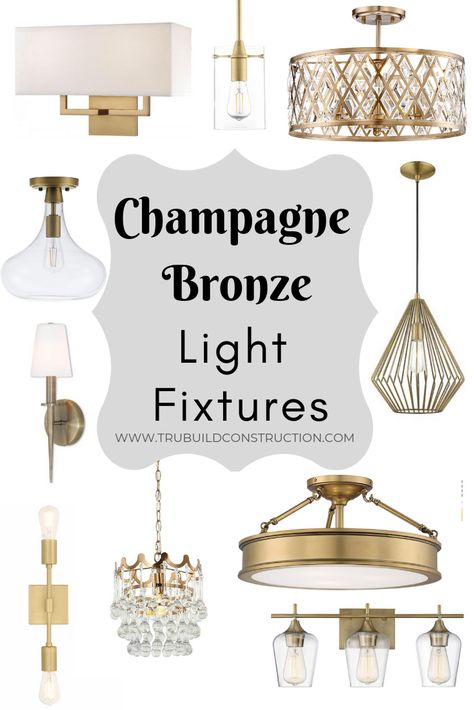 The Best Light Fixtures To Match Delta Champagne Bronze — TruBuild Construction Champagne Bronze Bathroom Fixtures, Delta Champagne Bronze Bathroom, Champagne Bronze Light Fixtures, Bronze Bathroom Light Fixtures, Champagne Bronze Bathroom, Champagne Bronze Kitchen, Delta Champagne Bronze, Bronze Light Fixture, Champagne Bronze Hardware