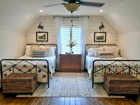 Around the Blocks: Bonus Room/Retreat Room Twin Bed Attic Bedroom, 2 Beds 1 Room Ideas, Two Twin Bed Rooms Ideas, Shared Bedroom Full Beds, Bedrooms With 2 Twin Beds, Farmhouse Twin Bedroom, Room With Two Full Beds, Hunting Airbnb, 2 Twin Beds In One Room Ideas