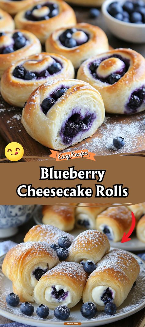 Unroll the joy with our Blueberry Cheesecake Rolls, where juicy blueberries and creamy cheesecake filling are wrapped in soft pastry. It’s a sweet, tangy treat that’s perfect for any occasion. #BlueberryCheesecake #PastryDelight #SweetRolls 5 Ingredient Blueberry Cheesecake Rolls, Cheesecake Recipes Blueberry, Blueberry Pastry Recipes, Blueberry Puff Pastry Recipes, Blue Berries Recipes, Blueberry Cream Cheese Dessert, Blueberry Cheesecake Rolls, Blueberry Recipes Easy, Blueberry Dessert Recipes