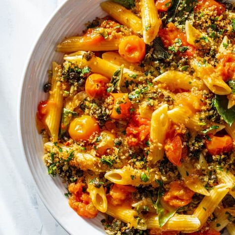 Pasta with Burst Cherry Tomato Sauce and Fried Caper Crumbs | America's Test Kitchen Burst Cherry Tomato Sauce, Italian Sweets, Capers Recipe, Donut Toppings, Cherry Tomato Sauce, Cherry Tomato Pasta, Fresh Tomato Sauce, America's Test Kitchen Recipes, Cooks Illustrated