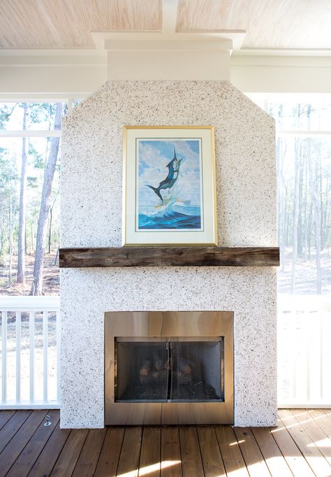 Tabby Fireplace Tabby Shell Fireplace, Tabby Fireplace Surround, Coastal Boho Fireplace, Fireplace Beach House, Fireplace Mantles Ideas, Tabby Fireplace, Tabby Concrete, Coastal Fireplaces, Beach House Fireplace