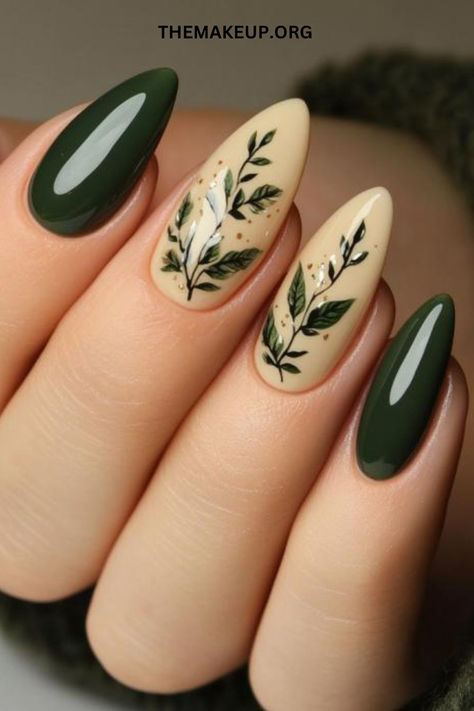 Fall Nail Designs: Green Olive & Golden leaves Nail Art Guide! Fall Nail Designs Green, Fall Green Nail Designs, Olive Green Fall Nails, Green Fall Nail Designs, Taupe Nails Designs, Nail Designs Green, Leaves Nail Art, Fall Leaves Nail Art, Taupe Nails