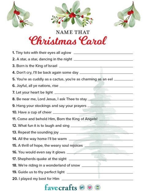 Name That Christmas Carol Game (with Answers) - Free Printable PDF | FaveCrafts.com Christmas Emoji Game With Answers, Christmas Games Free, Christmas Church Games, Christmas Carol Quiz, Christmas Song Games, Christmas Mad Libs, Free Christmas Games, Christmas Carol Game, Christmas Carols Lyrics