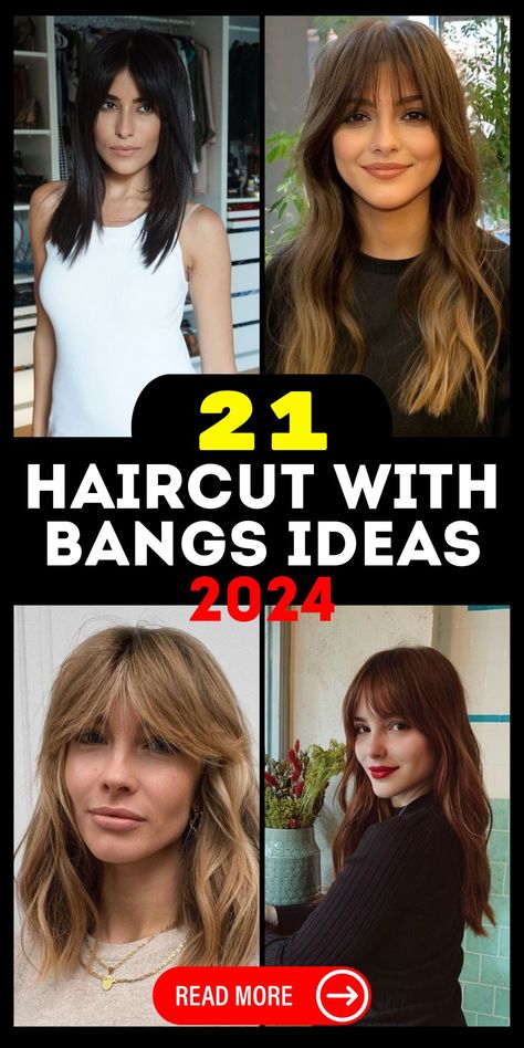 Haircut with Bangs 2024 21 Ideas: Trending Short, Medium, and Long Styles Bangs 2024 Trends, Fresh Haircut Women, Jawline Bob, Medium Wolfcut, Trendy Mullet, Bangs 2024, Shaggy Bangs, Elegant Short Hair, Long Haircuts With Bangs