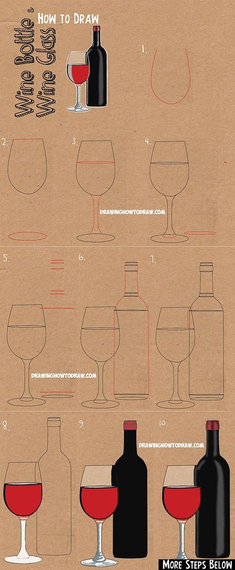 How to Draw a Bottle of Wine and Glass of Wine : Easy Step by Step Drawing Lesson How To Draw A Bottle Of Wine, How To Draw A Glass Of Wine, Wine Painting Canvas Easy, Wine Drawing Easy, Wine Drawing Sketches, Bottle Of Wine Drawing, Glass Of Wine Drawing, Wine Bottle Drawing, Bottle Sketch