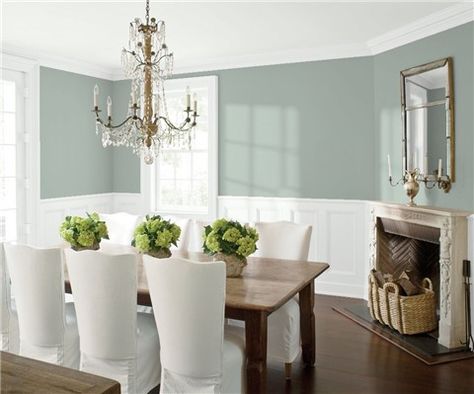 Look at the paint color combination I created with Benjamin Moore. Via @benjamin_moore. Wall: Castle Walls 1573; Trim & Wainscot: Pure White OC-64; Ceiling: Frostine AF-5. Blue Green Paints, Color Combinations Paint, Dining Room Paint, House Of Turquoise, Paint Color Inspiration, Dining Room Colors, Favorite Paint Colors, Benjamin Moore Colors, Green Paint Colors