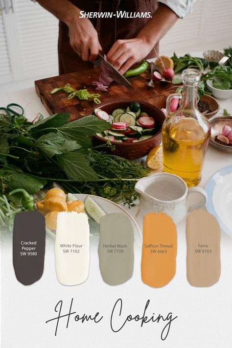 Color is on the menu with this Sherwin-Williams paint palette expertly curated for everyday chefs. To see them in your kitchen, tap this pin to order free color chips. We'll mail them to your door. #sherwinwilliams #paint #painting #diy #renovation #colorinspiration #paintinspiration #decor #interiordesign #colorpalette #cooking #homecooking Goblin Color Palette, Cooking Color Palette, Boho Paint Colors, Cold Weather Activities, Sherwin Williams Colors, Paint Color Inspiration, Color Chip, Paint Palette, Color Palette Design