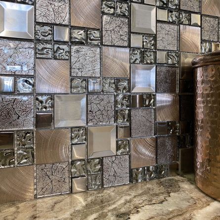 Bathroom Tile Mosaic, Copper Mosaic Backsplash, Mosaic Backsplash Bathroom, Wayfair Kitchen, Mosaic Kitchen, Metal Mosaic, Metal Mosaic Tiles, Copper Tiles, Metallic Backsplash