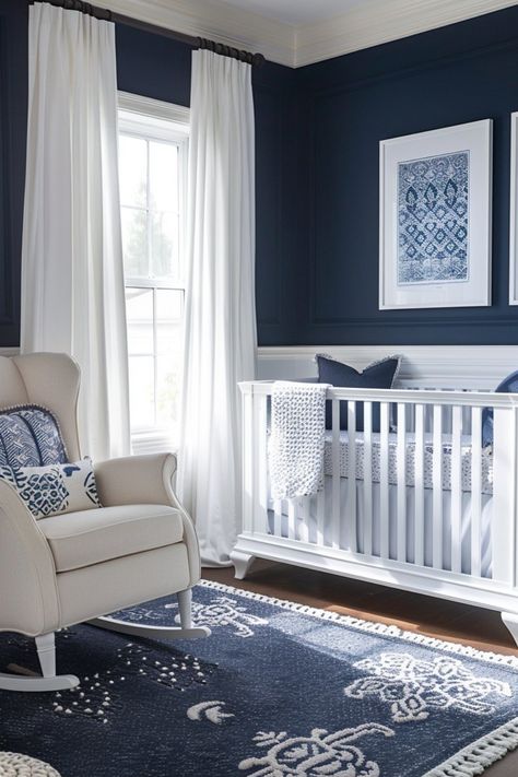 Welcoming a baby boy into your family is an exciting milestone, filled with joy, anticipation, and plenty of planning. One of the most enjoyable aspects of Small Entrance Hall Ideas, Navy Nursery Boy, Navy Accent Walls, Navy Blue Nursery, Sports Nursery Theme, Baby Boy Nursery Ideas, Nursery Accent Wall, White Wainscoting, Boy Nursery Ideas