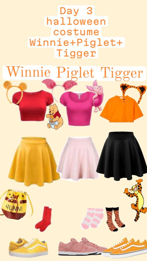 #day3 #winniethepooh+tigre+piglet Winnie The Pooh Trio Costume, Piglet Costume Women, Tigger Disneybound, Halloween Costumes Winnie The Pooh, Piglet Outfit, Disney Halloween Costumes For Women, Disney Characters Halloween Costumes, Piglet Halloween Costume, Piglet Costume