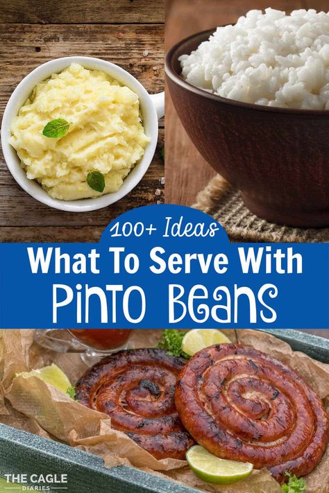 A collage of images showing what can be served with Pinto Beans. Pinto Bean Meal Ideas, Southern Pinto Beans Recipe, Red Beans Recipe, Side Ideas, Pinto Bean Recipes, Southern Dinner, Potato Side Dishes, Best Side Dishes, Cajun Recipes