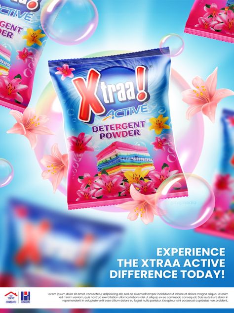 Xtraa Active Detergent Powder Poster Design Detergent Social Media Design, Detergent Ads, Bubble Flowers, Surf Excel, معطر جو, Detergent Powder, Product Ads, Vibrant Poster, Powder Detergent