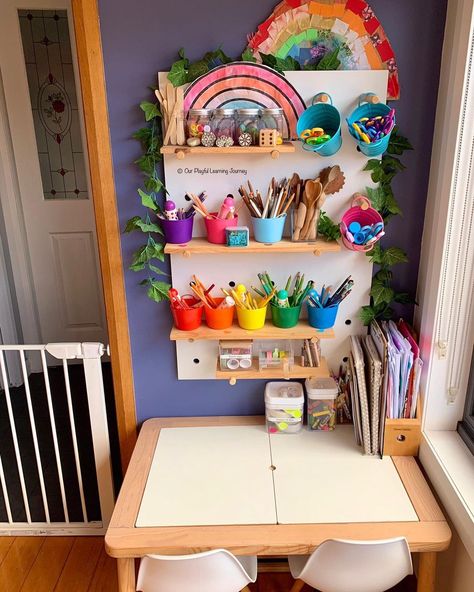 Dani - Play Ideas, Early Learning, Printables | Kids Art and Craft Space at Home 🎨👩‍🎨🌈 This is one of our favourite spots in our house! It was set up several years ago now and is still... | Instagram Arts And Crafts Playroom, Play Room Set Up Boys, Kids Art Table Ideas, Art Space For Kids, Kids Art Area, Kids Art Corner, Kids Art Station, Kids Play Corner, Kids Art Room