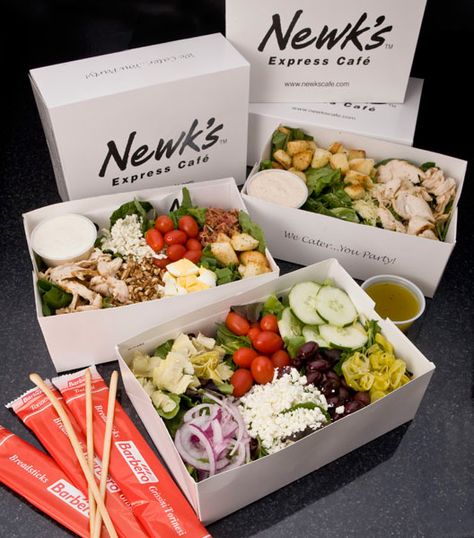 Salad Box Lunch contains a salad of your choice, breadsticks and a chocolate. I… Gourmet Lunch, Salad Packaging, Salad Shop, Salad Box, Sandwich Shops, Burger Bar, Box Lunch, Cafe Menu, Food Packaging Design