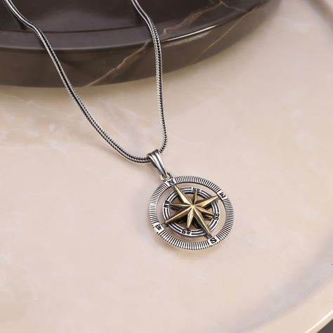 Silver Compass Necklace for Men, Nautical Necklace for Women Necklace, Men Pendant with Foxtail Chain, North Star Coin Form Silver Pendant by DolphinJewelryDesign on Etsy Men Silver Necklace, Pendant Jewelry Gold, Silver Compass Necklace, Necklace Compass, Compass Necklace Silver, Travel Inspired Jewelry, Handmade Wedding Jewellery, Nautical Necklace, Grandma Necklace