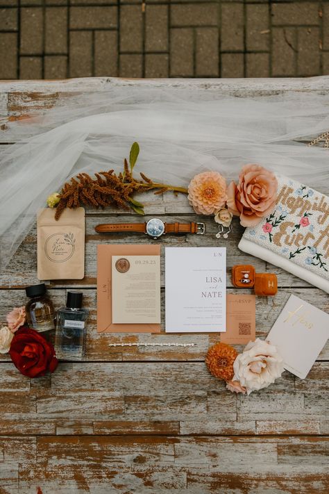 Warm and peach tone wedding detail photos from Liza and Nate's Fall wedding at The Joinery Chicago by Chicago Wedding Photographer, Emma Petersen Photography. Fall Wedding Flatlay, Zion Wedding, Wedding Event Space, Wedding Detail Photos, Wedding Flat Lay, Fall Bridesmaids, Fall Bridesmaid Dresses, Detail Photos, Wedding Flats