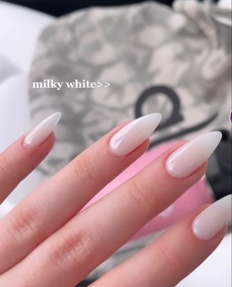 Milky Nails Almond Shape, Milky Stiletto Nails, Milky White Oval Nails, Milk White Almond Nails, Milky White Sparkly Nails, Almond Milky White Nails, Milky White Nail Art, Milk White Nails, White Oval Nails