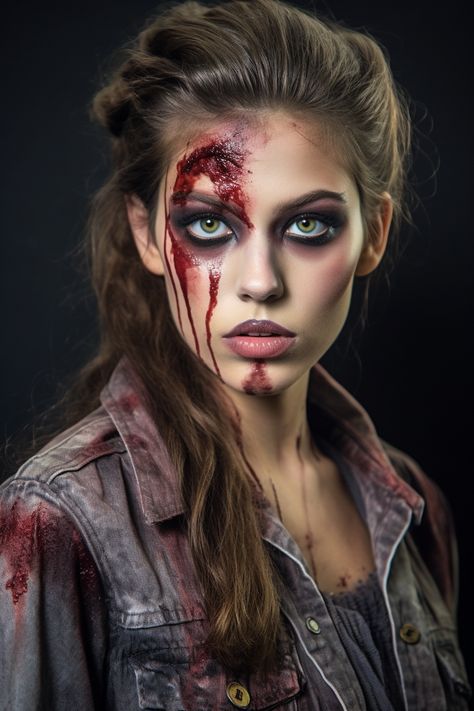 Halloween Zombie Zest makeup inspired by zombie apocalypse Zombie Makeup Ideas Cute, Zombie Make Up Ideas, Zombie Inspired Makeup, Zombie Makeup Ideas For Kids, Trucco Zombie Halloween, Zombie Apocalypse Makeup, Halloween Zombie Makeup Ideas, Zombie Sfx Makeup, Zombie Outfit Halloween