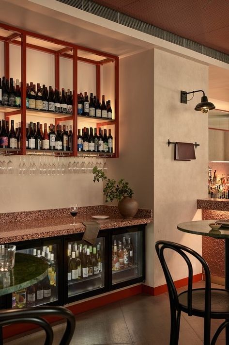 Luc-San — FIVE FOOT ONE DESIGN Bar Shelving Design, Back Bar Design Restaurant, Wine Bar Branding, Wine Bar Interior Design, Spanish Wine Bar, Wine Bar Ideas, Tulum Design, Back Bar Design, Free Standing Bar