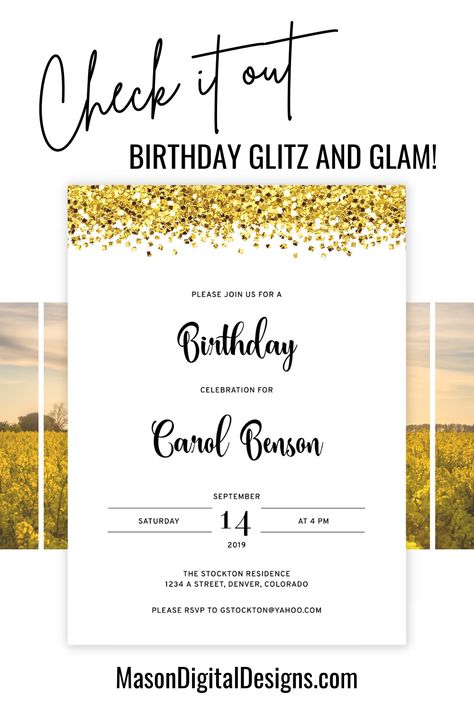 Check out the glitz and glam that this gold glitter birthday invitation offers. It’s ready to get the party started. Just personalize the template with your information, print it, and send it to your family and friends. Edit template at Corjl.com, a free online editing platform. Get all the details at Mason Digital Designs on Etsy. Glam Birthday, Glitter Invitations, Edit Template, Gold Birthday Party, E Invite, Glitter Birthday, Gold Birthday, Get The Party Started, Party Invite Template