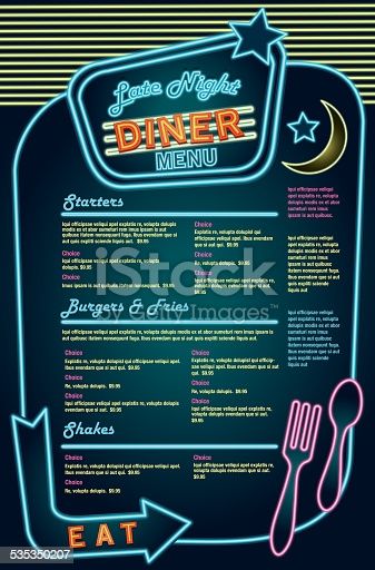 Neon Menu Design, American Diner Menu, Chalk Menu, Diner Aesthetic, Diner Menu, 50s Diner, Restaurant Themes, Diner Decor, Menu Layout