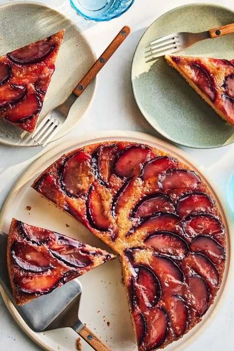 Plums are the unsung stone fruit of the summer. Peaches and cherries get a lot of love, but as this plum upside-down cake proves, plums are just as beautiful, sweet, and delicious. In this recipe, we pile them under a cardamom-flavored batter, which accentuates the sweet and tart fruit nicely. #plumupsidedowncake #cakerecipes #stonefruit #summerdesserts #stonefruitdesserts Peaches And Cherries, Upside Down Desserts, Plum Upside Down Cake, Plum Dessert, Tart Fruit, Baked Cod Recipes, Plum Tart, Plum Recipes, Plum Cake