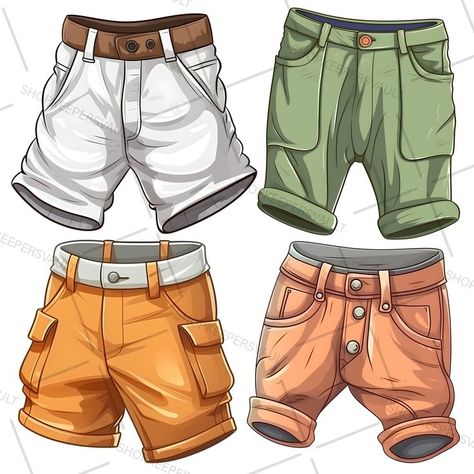 check whole illustration clipart bundle on etsy with 30 pants, transparent background, 300 dpi Short Pants Drawing, Types Of Pants Illustration, Female Shorts Drawing, Shorts Illustration, Shorts Sketch Fashion Illustrations, Mens Shorts Flat Sketch, Drawing Wrinkles, Shorts Drawing, Side View Drawing