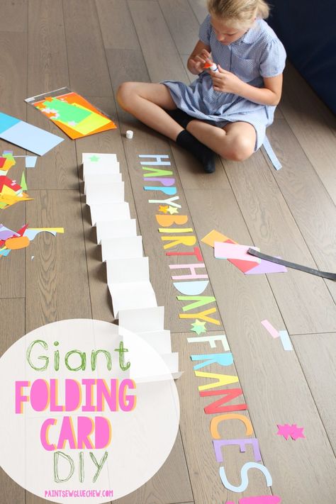 Make a statement with a GIANT FOLDING CARD.  Make this EASY DIY with scraps of coloured paper, as a great alternative to a birthday card. Pin for later or head to the blog for more details and other ideas. #papercraft #diyscroll #birthdayscroll #bannerideas #homemadecards #kidscrafts #easycrafts #5minutecards #paperscraps #paperglue #scrollideas #giftwrapideas #celebrationbanner #alternativebirthdaycard #carddesign #typography #font  #design #giftskidscanmake #giantcard #folding #paper Diy Giant Card, Giant Birthday Card Diy, Giant Birthday Card, Origami Wall, Fonts Ideas, Giant Card, Cool Birthday Cards, Folding Paper, Coloured Paper