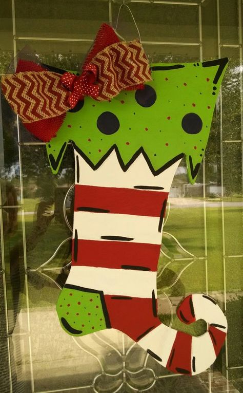 Christmas Stocking wooden Door Hanger, READY TO SHIP Whoville Decorations, Projector Images, Porch Sitters, Jamie Mills Price, Cute Christmas Stockings, Grinch Christmas Party, Whoville Christmas, Wooden Wreath, Grinch Christmas Decorations