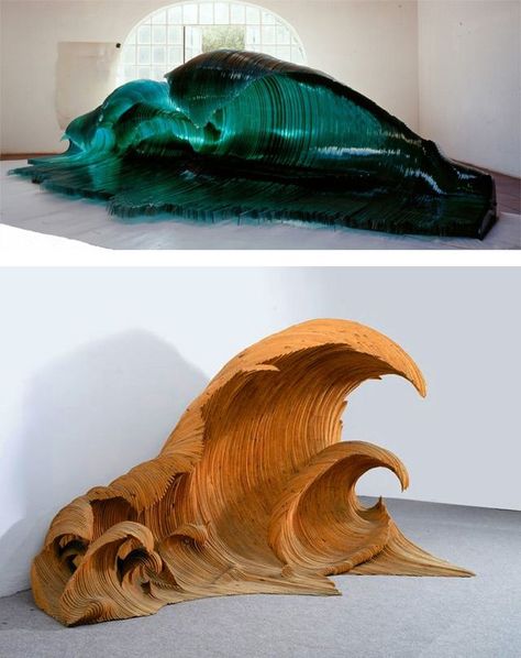 Glass and Wood wave sculptures by Mario Ceroli. Italian artist Mario Ceroli created these two giant wave sculptures back in 1992. “Maestrale” is made of sea green cross-sections of glass. “La Vague” was crafted from sections of fir wood. According to the New York Times, 74-year old Ceroli “is one of the least known but most influential artists of the Italian post-war scene.” Wave Sculpture, Wood Sculptures, Surf Decor, Wave Art, Sculpture Painting, Surf Art, Driftwood Art, Ocean Wave, Sculpture Installation