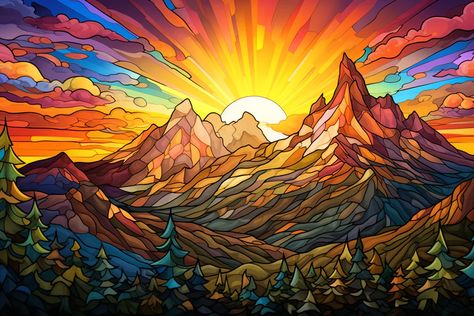 Mountain Sunrise Stained Glass Officially Licensed Diamond Painting Kit. Relax, unwind, and create Diamond Art! Up to 75% Off plus Free Shipping over $75+. Free 2-5 Day Shipping available. Over 10,000 5-Star Reviews. Choose From 3,000+ incredible Diamond Painting designs. Stained Glass Art Landscape, Painted Glass Patterns, Glass Painting Landscape, Stained Glass Pictures, Mountain Stained Glass Patterns, Stained Glass Desert, Stained Glass Landscape, Stained Glass Painting, Mountain Sunrise