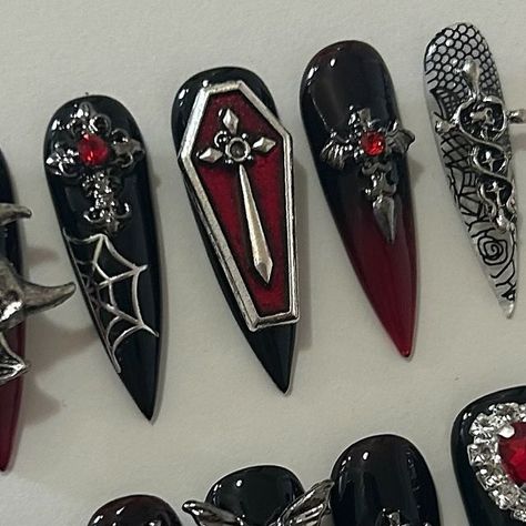 GlamGoth Nails on Instagram: "NOT AVAILABLE 🖤❤️  #nails #pressons #pressonnails #pressonsforsale #pressonnailsforsale #longnails #blacknails #rednails #chromenails #nailart #nailaddict #nailaddiction #victoriangothic #victoriangothicnails #gothnails #gothicnails #nailsofinstagram #nailsofig #nailsnailsnails #goth #gothic #gothaesthetic #gothicaesthetic #lacenails #nailsart #glamgoth #glamgothnails" Gel Goth Nails, Goth Nails Art, Goth Nails Aesthetic, Basic Goth Nails, Victorian Goth Nails, Gothic Nail Art Short, Gothic Nails Simple, Trad Goth Nails, Goth Coffin Nails