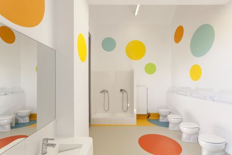 Gallery of Public Nursery in Glyfada / KLab architecture - 7 Elementary School Bathroom, Mural School, Kindergarten Architecture, Kids Play Centre, Daycare Rooms, Kindergarten Interior, Kids Toilet, School Building Design, Daycare Design