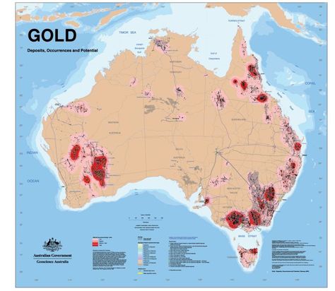 This map shows the known gold deposits in Australia. Payable gold was first discovered in Australia in 1851 near Bathurst in New South Wales which triggered the beginning of the Australian gold rush. Gold was found 6 months later in Ballarat & Bendigo, and eventually in all states and territories of Australia. Eureka Stockade, Australian Maps, Gold Deposit, Gold Map, Australia History, Gold Prospecting, Gold Investments, Australian Gold, Australia Map