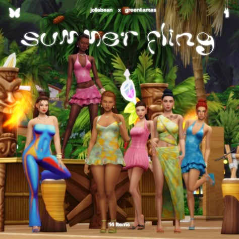 Summer Fling Collection by Greenllamas and Joliebean | Joliebean Caribbean Queen, Sims 4 Cas Cc, Summer Fling, The Sims 4 Custom Content, Sims Custom Content, Queen Dresses, Clothes Cc, Sims Clothes, Holiday Romance